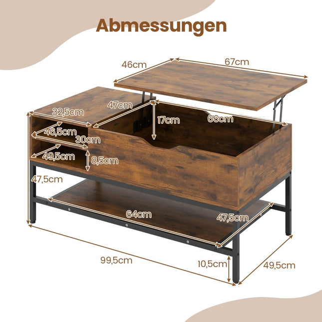 Couchtisch mit anhebbarer Platte und verstecktem Stauraum, braunes Holz