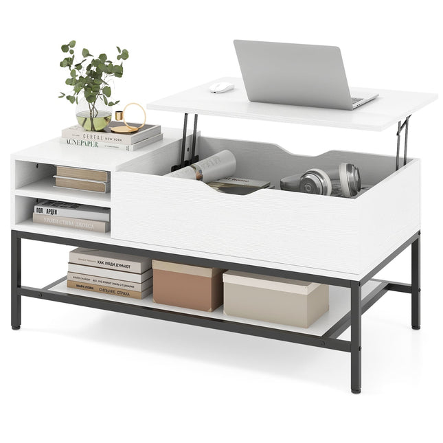 Couchtisch mit Lift-Top und verstecktem Stauraum, weißes Holz