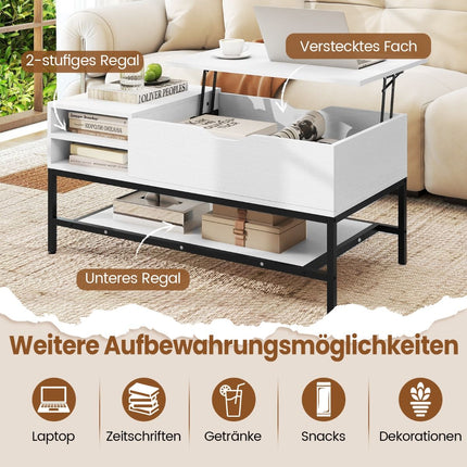 Couchtisch mit Lift-Top und verstecktem Stauraum, weißes Holz