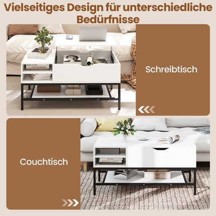 Couchtisch mit Lift-Top und verstecktem Stauraum, weißes Holz