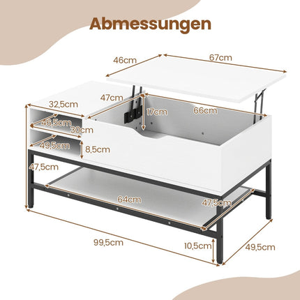 Couchtisch mit Lift-Top und verstecktem Stauraum, weißes Holz