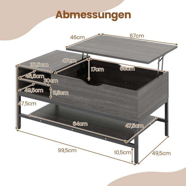 Couchtisch mit Liftplatte und Stauraum, höhenverstellbar, Grau