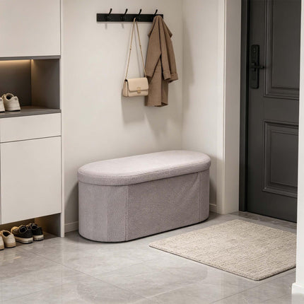 Light Grey Teddy Fabric Storage Bench – 76 cm Oval