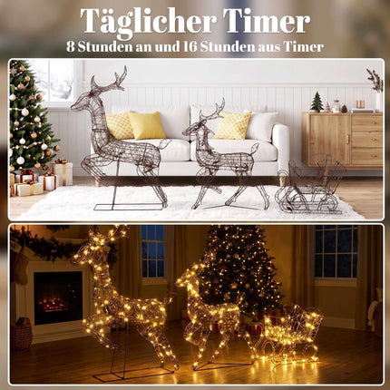 Light-Up Reindeer and Sleigh Set with 240 LEDs, 3 Pieces, 8 Modes, Timer