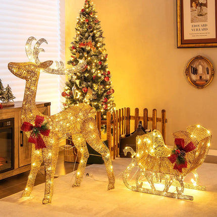 Lighted Reindeer and Sleigh, 100 Warm White LED Lights – Indoor Outdoor