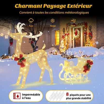 Lighted Reindeer and Sleigh, 100 Warm White LED Lights – Indoor Outdoor
