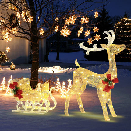 Lighted Reindeer and Sleigh, 100 Warm White LED Lights – Indoor Outdoor
