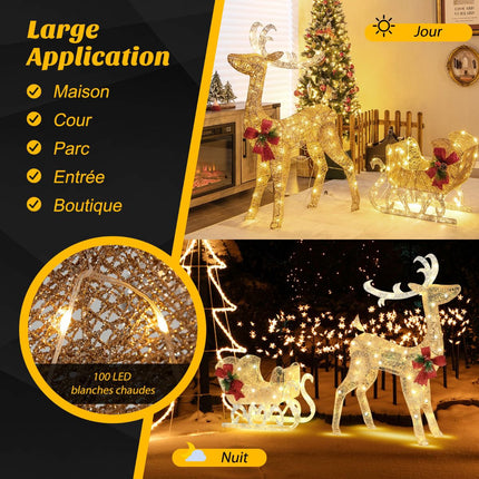 Lighted Reindeer and Sleigh, 100 Warm White LED Lights – Indoor Outdoor