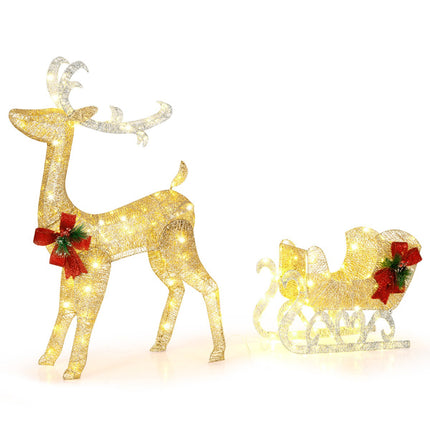 Lighted Reindeer and Sleigh, 100 Warm White LED Lights – Indoor Outdoor
