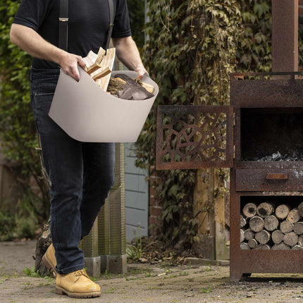 Light gray wooden basket in imitation leather