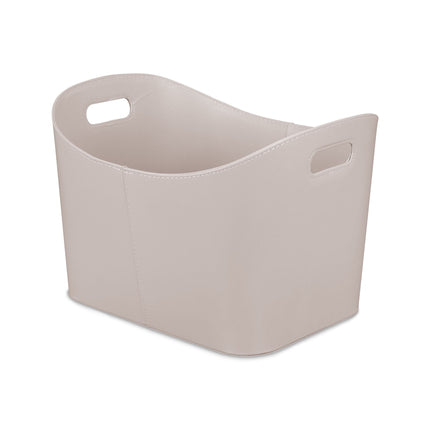 Light gray wooden basket in imitation leather