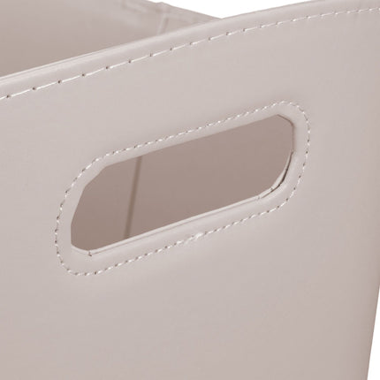 Light gray wooden basket in imitation leather