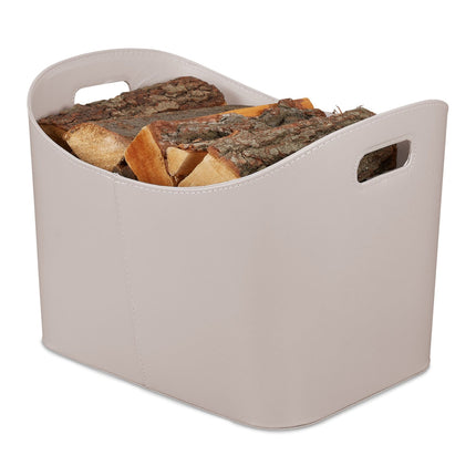 Light gray wooden basket in imitation leather