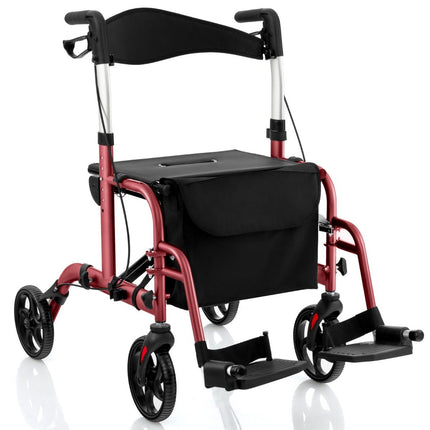 Lightweight Foldable Rollator & Wheelchair 2-in-1, Red