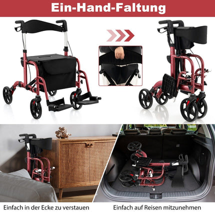 Lightweight Foldable Rollator & Wheelchair 2-in-1, Red