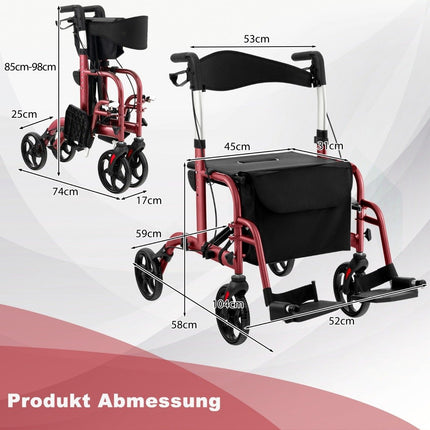 Lightweight Foldable Rollator & Wheelchair 2-in-1, Red