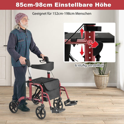 Lightweight Foldable Rollator & Wheelchair 2-in-1, Red