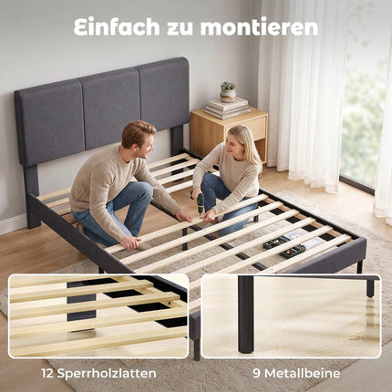 Linen-Look Bed Frame 140 x 200 cm with Adjustable Headboard, Dark Grey, 12 Slats