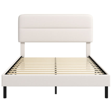 Linen-Look Double Bed 140 x 200 cm with Horizontal Headboard, Beige, 12 Slats