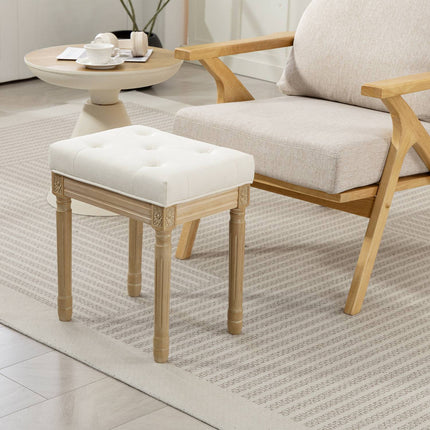 Leinen-Ottomanenbank, gepolsterter Sitz, Holzbeine, 42x32x46,5 cm, Beige