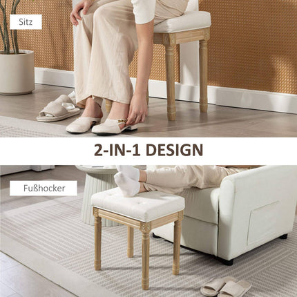 Leinen-Ottomanenbank, gepolsterter Sitz, Holzbeine, 42x32x46,5 cm, Beige
