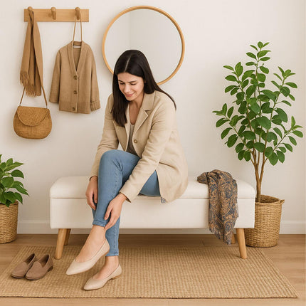 Linen Storage Bench with Wooden Legs – Upholstered Seat