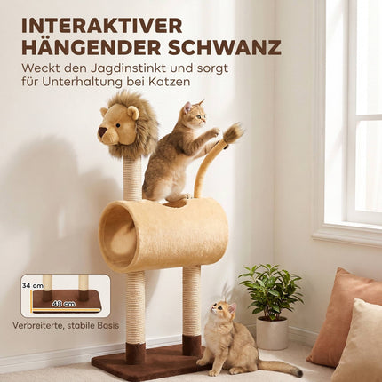 Lion Design Cat Tree 104 cm with Tunnel and Hanging Tail, Light Brown