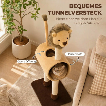 Lion Design Cat Tree 104 cm with Tunnel and Hanging Tail, Light Brown