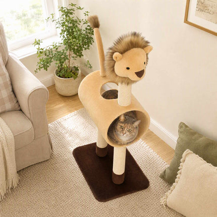 Lion Design Cat Tree 104 cm with Tunnel and Hanging Tail, Light Brown