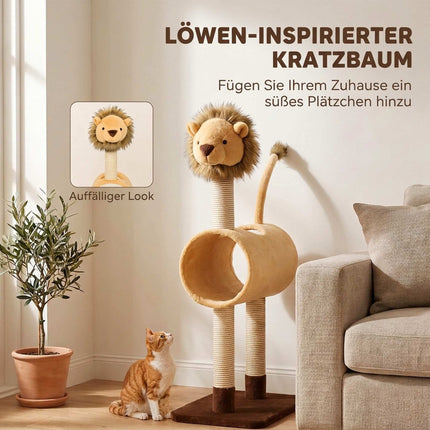 Lion Design Cat Tree 104 cm with Tunnel and Hanging Tail, Light Brown