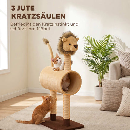 Lion Design Cat Tree 104 cm with Tunnel and Hanging Tail, Light Brown