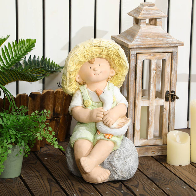 Wetterfeste 43cm Strohhut Junge Gartenstatue Dekoration