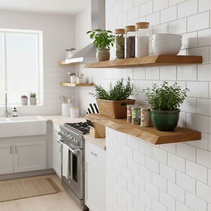 Massivholzregal mit Naturkante – Rustikales, schwebendes Design