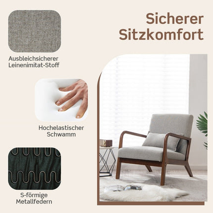 Wohnzimmer-Loungesessel, gepolstert, Holzarmlehnen, 65x79x77 cm, Grau