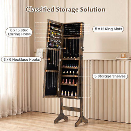 Lockable Brown Jewelry Cabinet with Full-Length Mirror