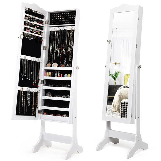 Abschließbarer Schmuckschrank, Standausführung mit verstellbarem Winkel, mit Ganzkörperspiegel, 45 x 37 x 160 cm, Weiß