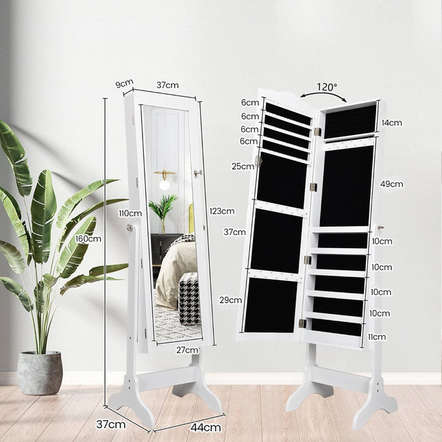 Abschließbarer Schmuckschrank, Standausführung mit verstellbarem Winkel, mit Ganzkörperspiegel, 45 x 37 x 160 cm, Weiß