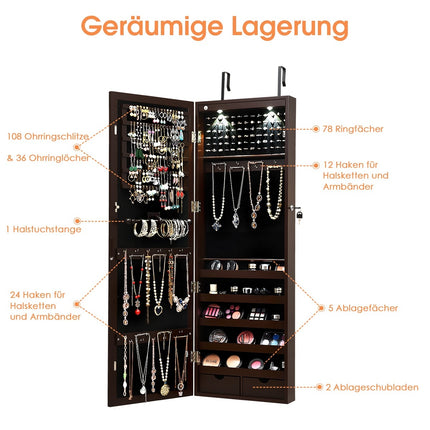 Lockable LED Jewelry Cabinet with Full-Length Mirror