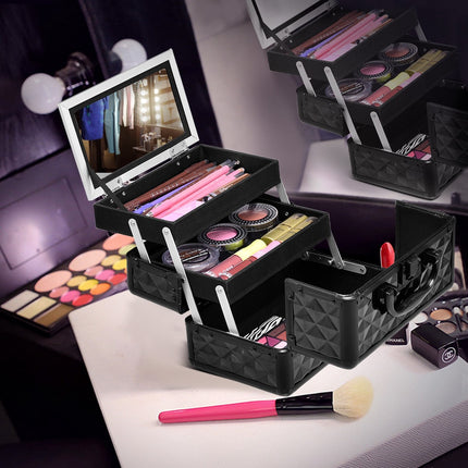 Abschließbarer Make-up-Koffer mit Spiegel, Fächern, Schwarz