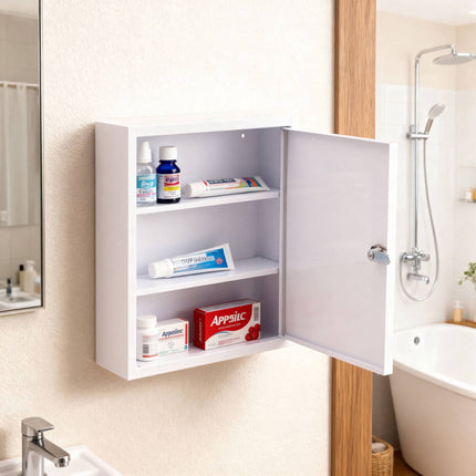 Lockable Medicine Cabinet, 3 Compartments, Wall-Mount