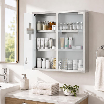 Lockable Medicine Cabinet, Glass Door, 6 Shelves, Silver
