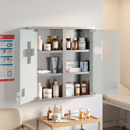 Lockable Medicine Cabinet, Glass Door, 6 Shelves, Silver