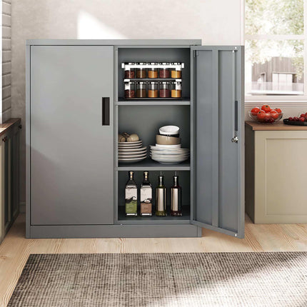 Lockable Metal Filing Cabinet, Grey, 2 Adjustable Shelves