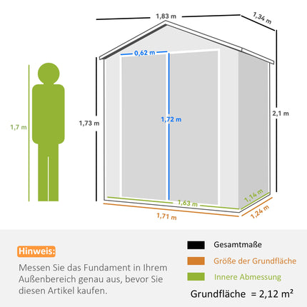 Abschließbarer Metall-Gartenschuppen, Doppeltür, Fenster, 1,80 x 1,30 x 2,10 m
