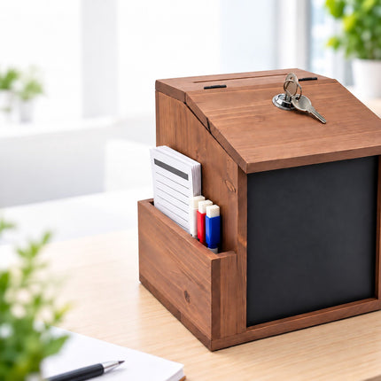 Lockable Solid Wood Suggestion Box with Chalkboard, 50 Cards, Natural