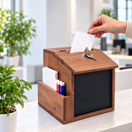 Lockable Solid Wood Suggestion Box with Chalkboard, 50 Cards, Natural
