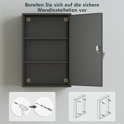 Lockable Wall Medicine Cabinet with 3 Tiers and 2 Keys, 40 x 18 x 60 cm, Black