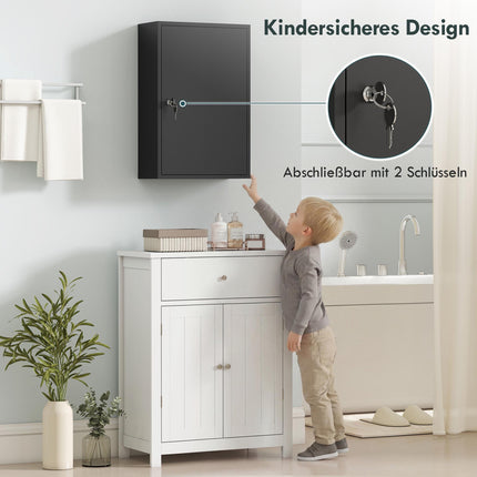 Lockable Wall Medicine Cabinet with 3 Tiers and 2 Keys, 40 x 18 x 60 cm, Black