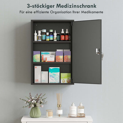 Lockable Wall Medicine Cabinet with 3 Tiers and 2 Keys, 40 x 18 x 60 cm, Black