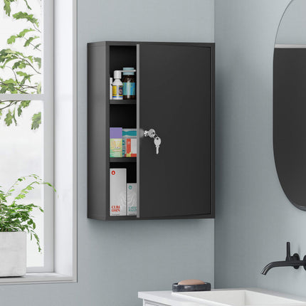 Lockable Wall Medicine Cabinet with 3 Tiers and 2 Keys, 40 x 18 x 60 cm, Black